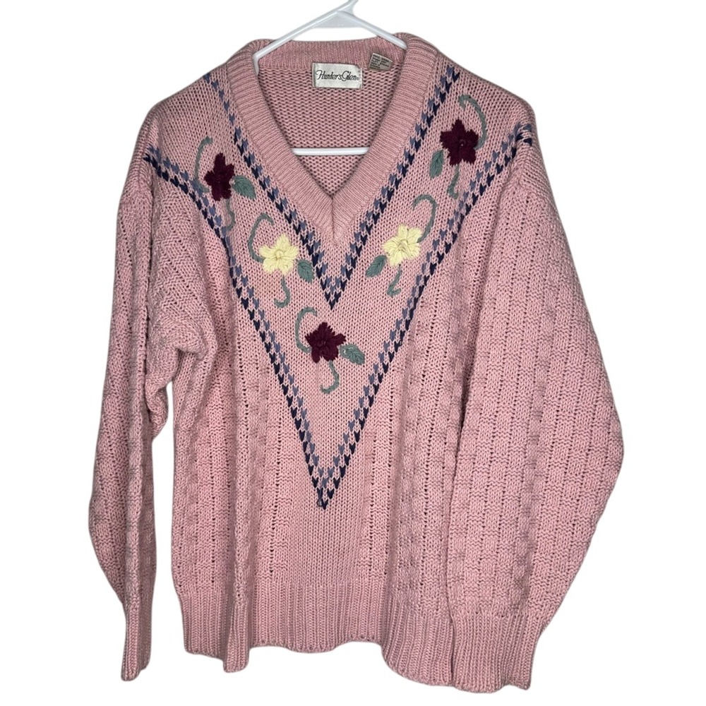 Vintage Hunters Glen Womens V Neck Sweater Sz L Floral Embroidered Grannycore‎